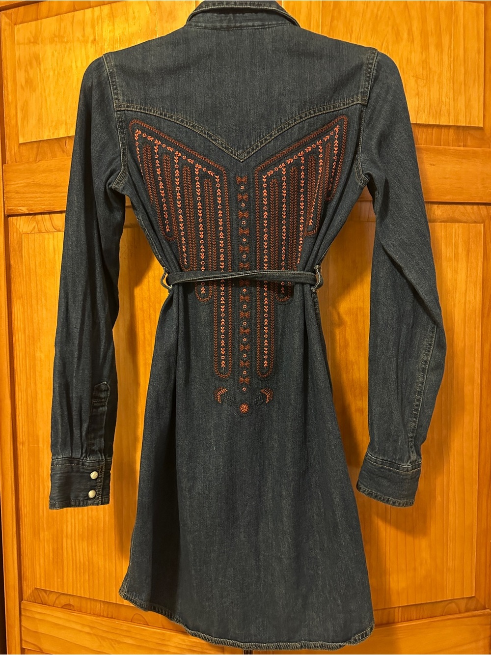 Wrangler Dark Blue Denim Long-Sleeve Embroidered Shirt Dress S